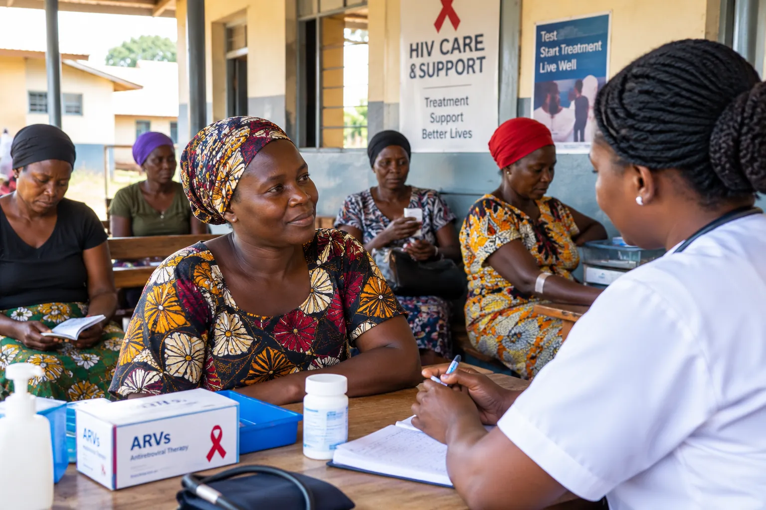A woman speaking with a health worker at an HIV care and support clinic