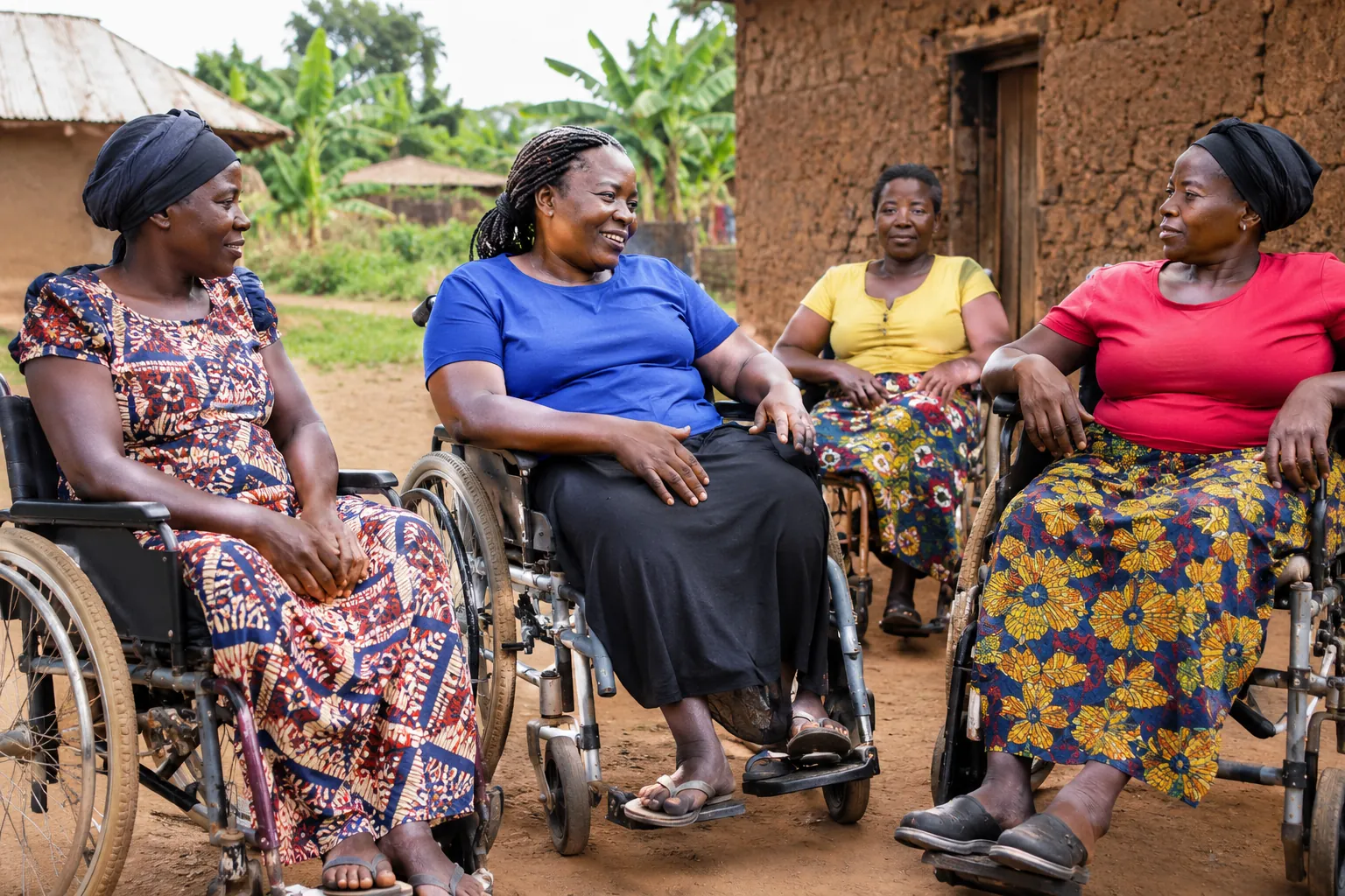 Women using wheelchairs sharing a conversation outdoors in a community setting